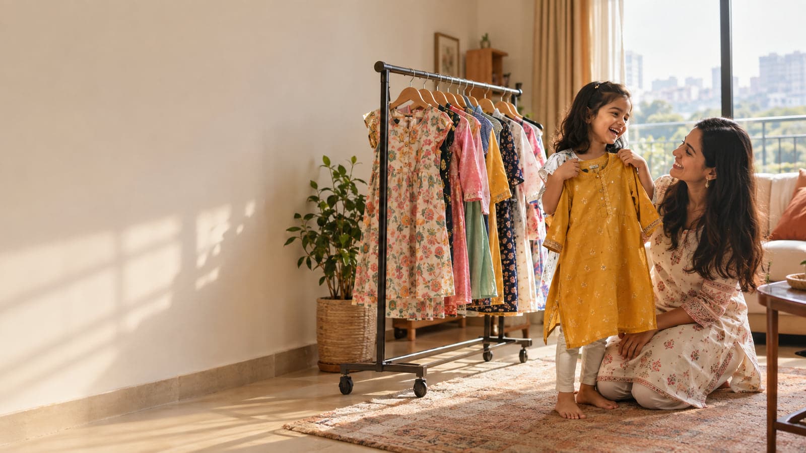 A mother and her young daughter laughing together as the child holds up a yellow kurta, beside a rolling rack of kids clothing brought to their Bangalore home for a Skipzy try-on session