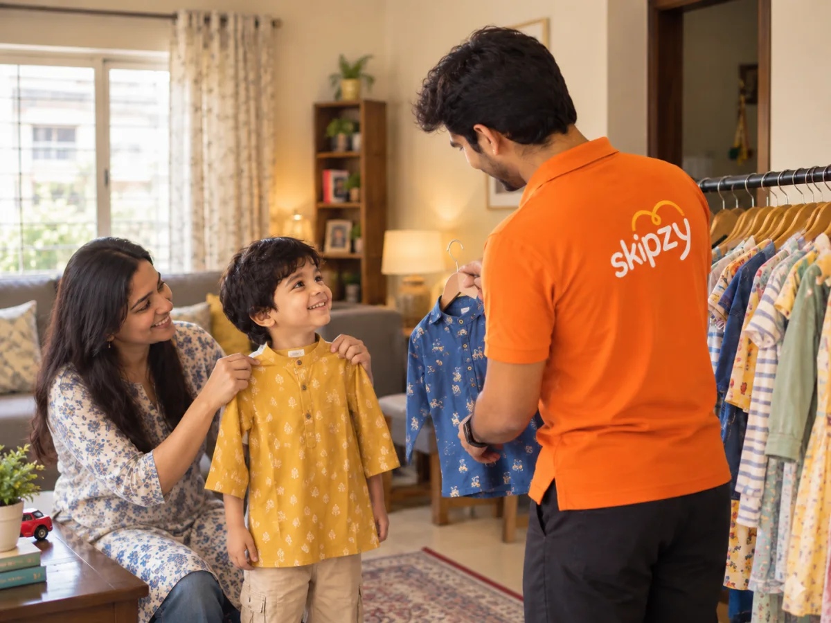 A Skipzy executive helping a child try on a shirt at home, beside a rack of kids' clothes